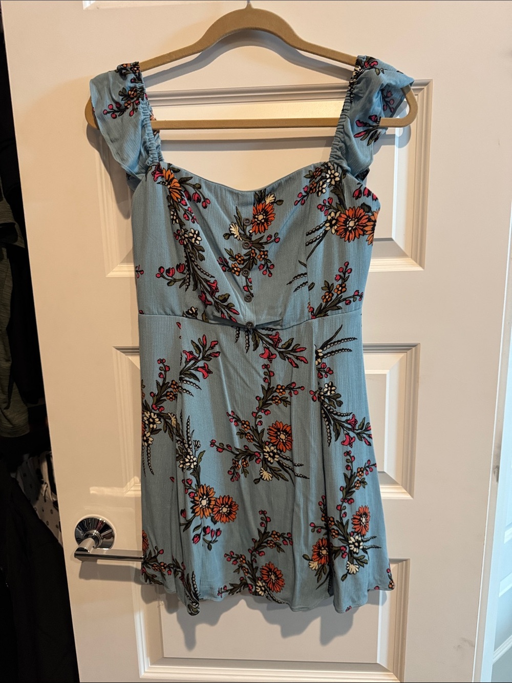Lulu's Light Blue Floral Mini Dress with Puff Straps